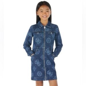 GUESS Big Girls All Over Laser Print Denim Zip Up Long Sleeve Dress Size 12